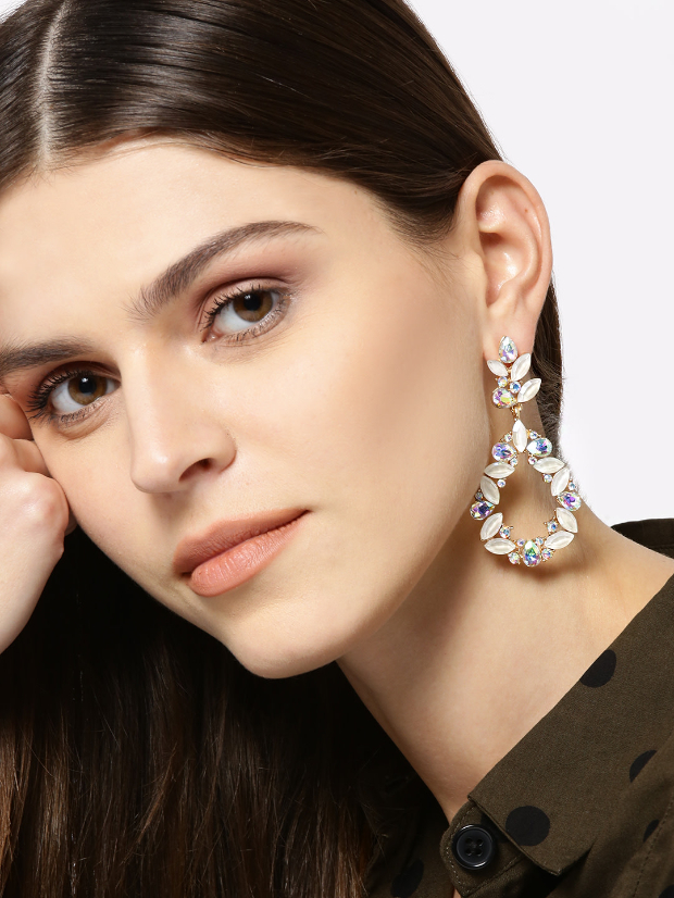 YouBella White Gold Plated Stone Studded Contemporary Drop Earrings