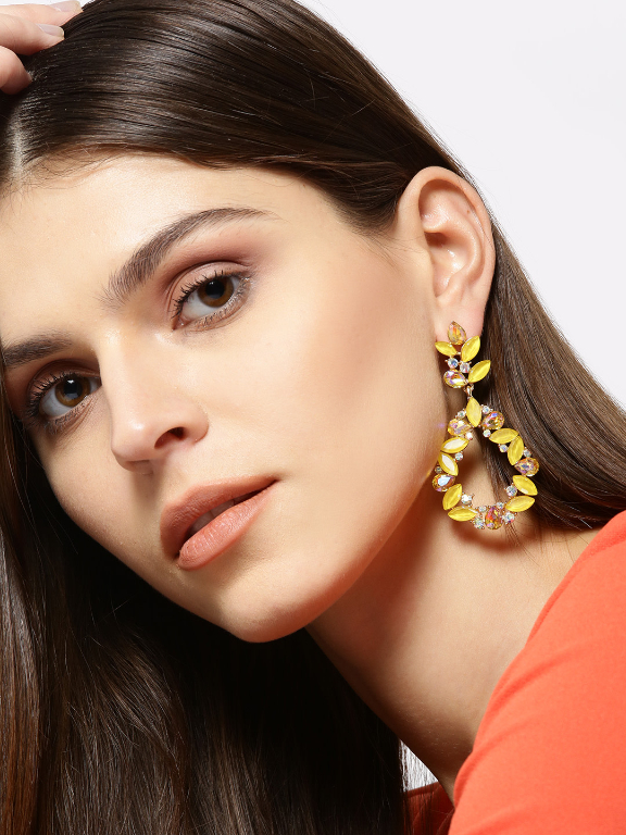YouBella Yellow Gold Plated Stone Studded Contemporary Drop Earrings
