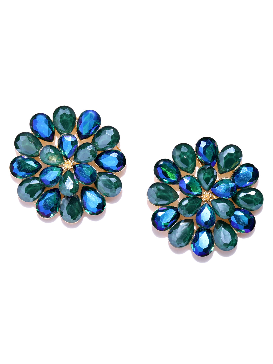 YouBella Green  Blue Stone-Studded Floral Drop Earrings