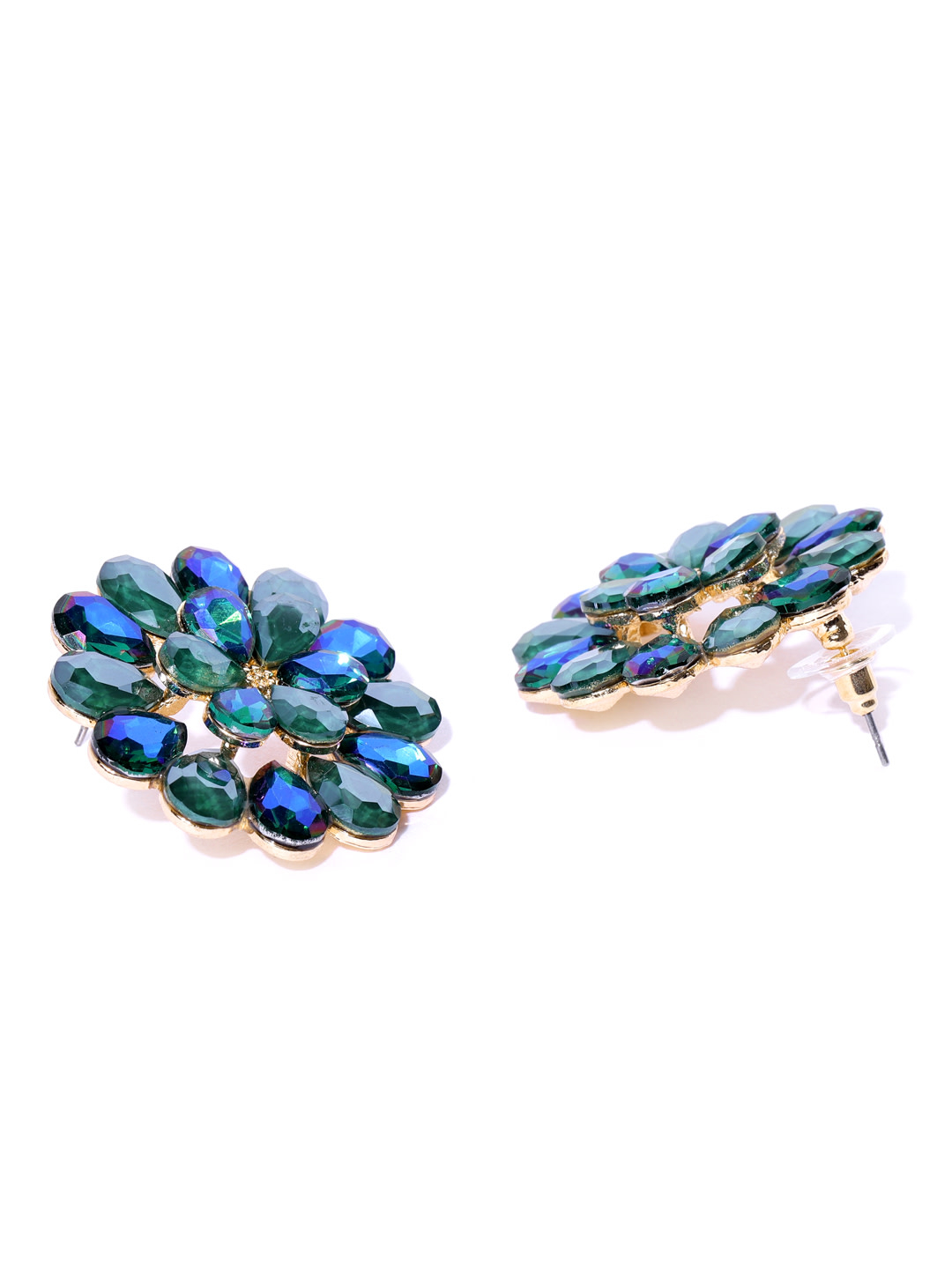 YouBella Green  Blue Stone-Studded Floral Drop Earrings