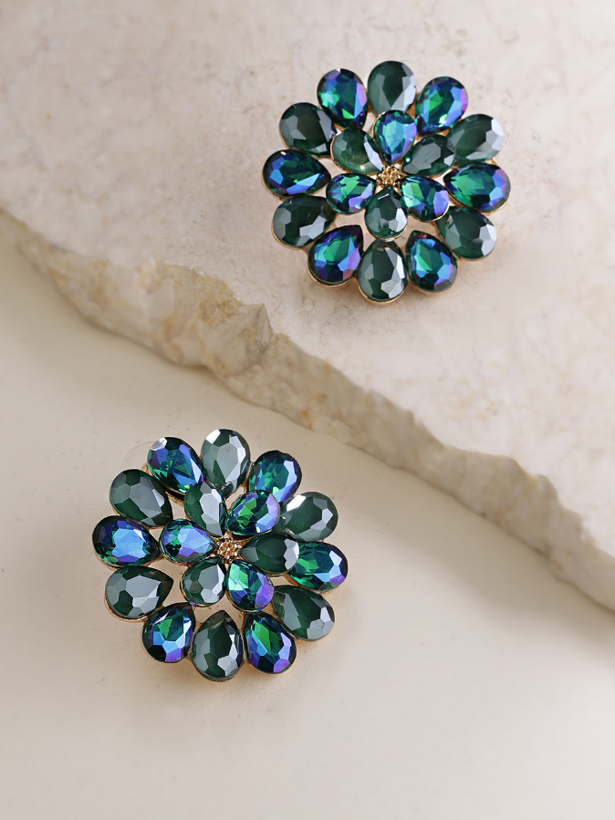 YouBella Green  Blue Stone-Studded Floral Drop Earrings
