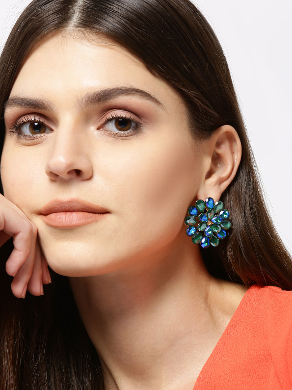 YouBella Green  Blue Stone-Studded Floral Drop Earrings