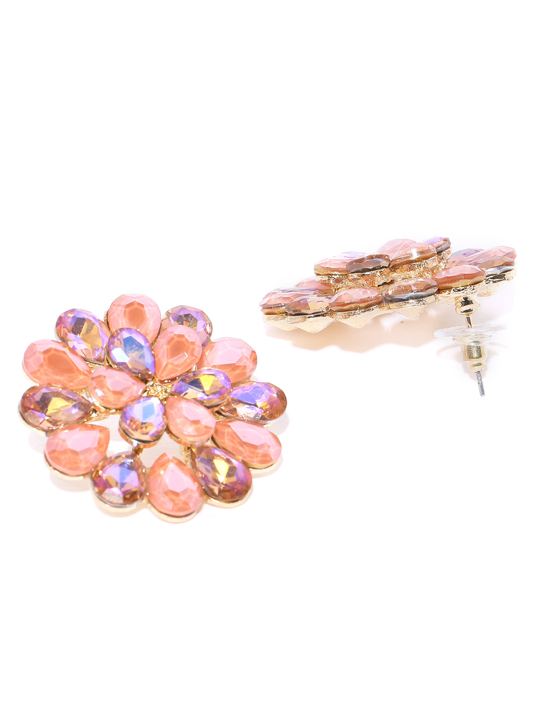 YouBella Peach-Coloured  Gold-Toned Stone-Studded Floral Drop Earrings