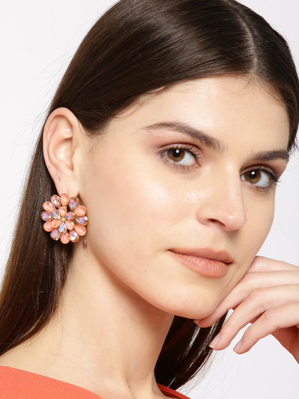 YouBella Peach-Coloured  Gold-Toned Stone-Studded Floral Drop Earrings