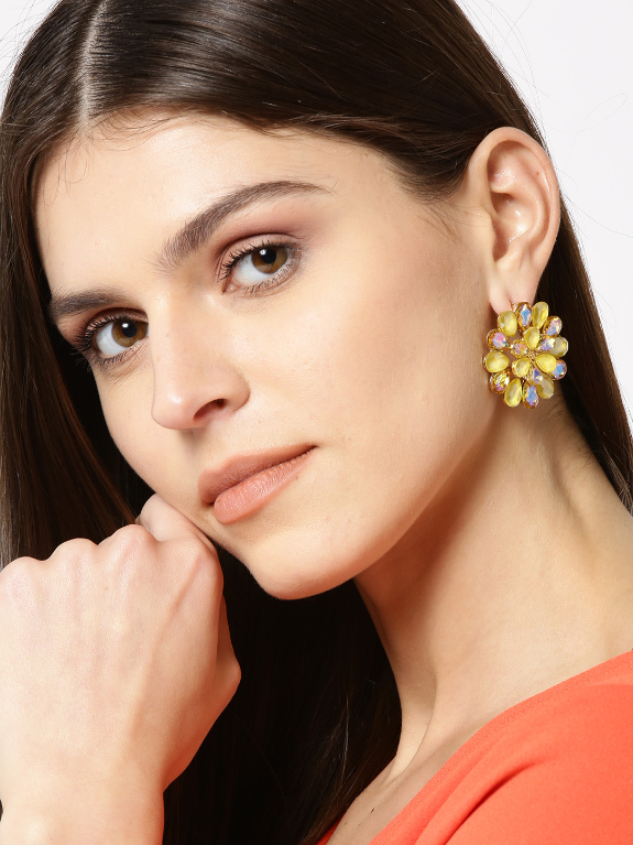 YouBella Yellow  Gold-Toned Stone-Studded Floral Drop Earrings