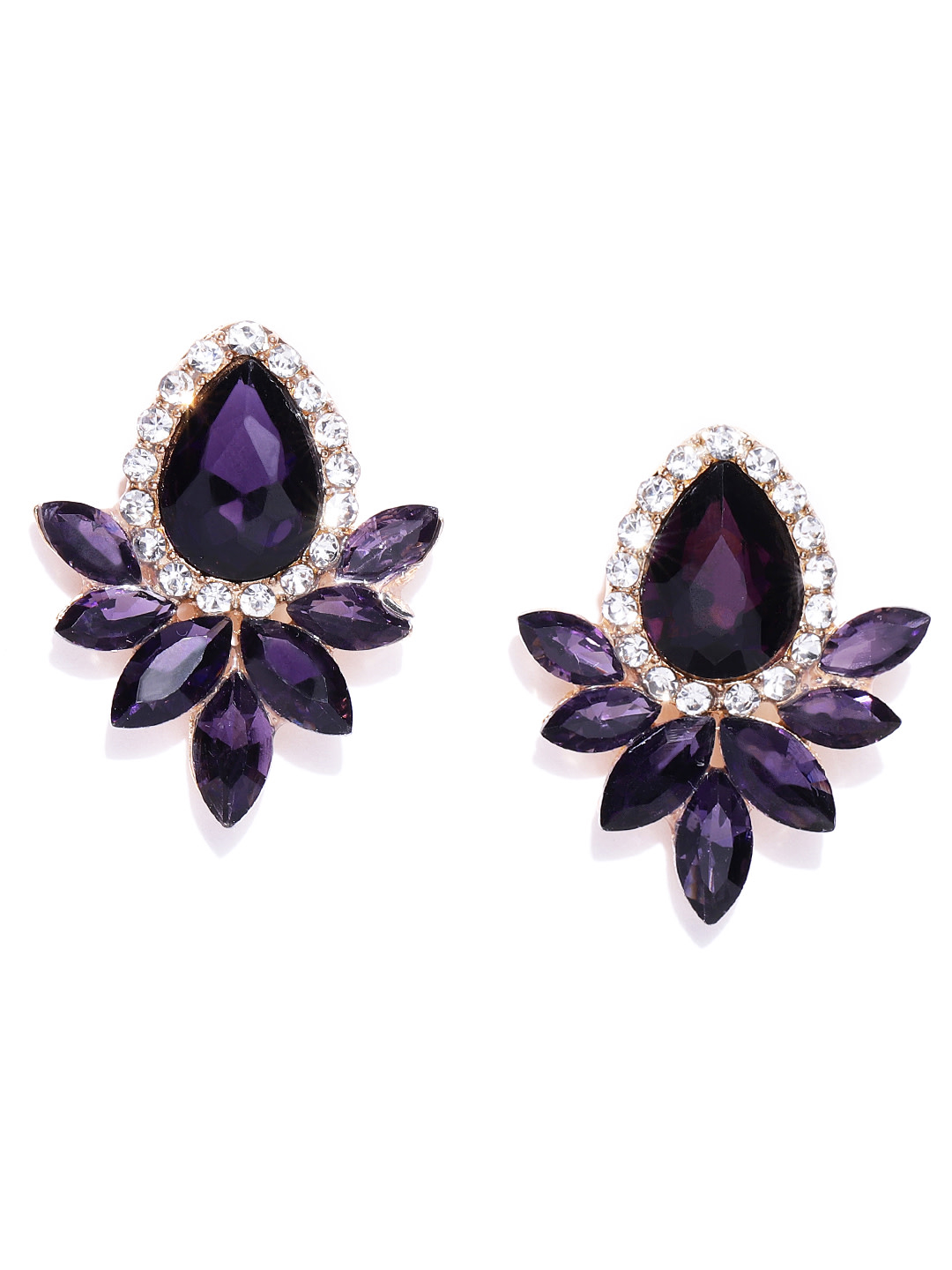 YouBella Aubergine Stone Studded Teardrop Shaped Drop Earrings