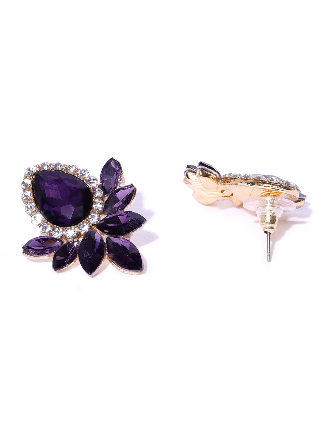 YouBella Aubergine Stone Studded Teardrop Shaped Drop Earrings