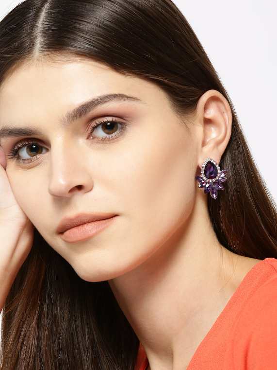 YouBella Aubergine Stone Studded Teardrop Shaped Drop Earrings