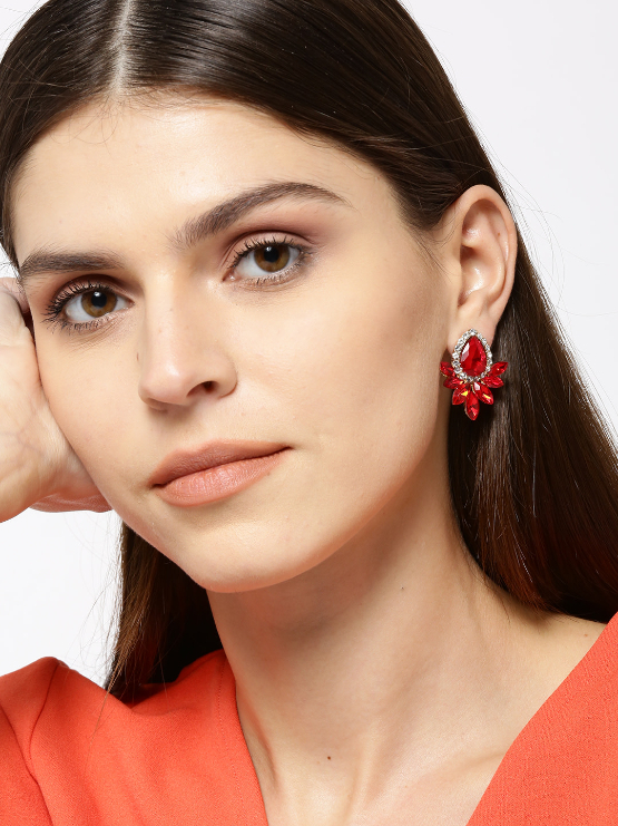 YouBella Red Stone-Studded Contemporary Drop Earrings