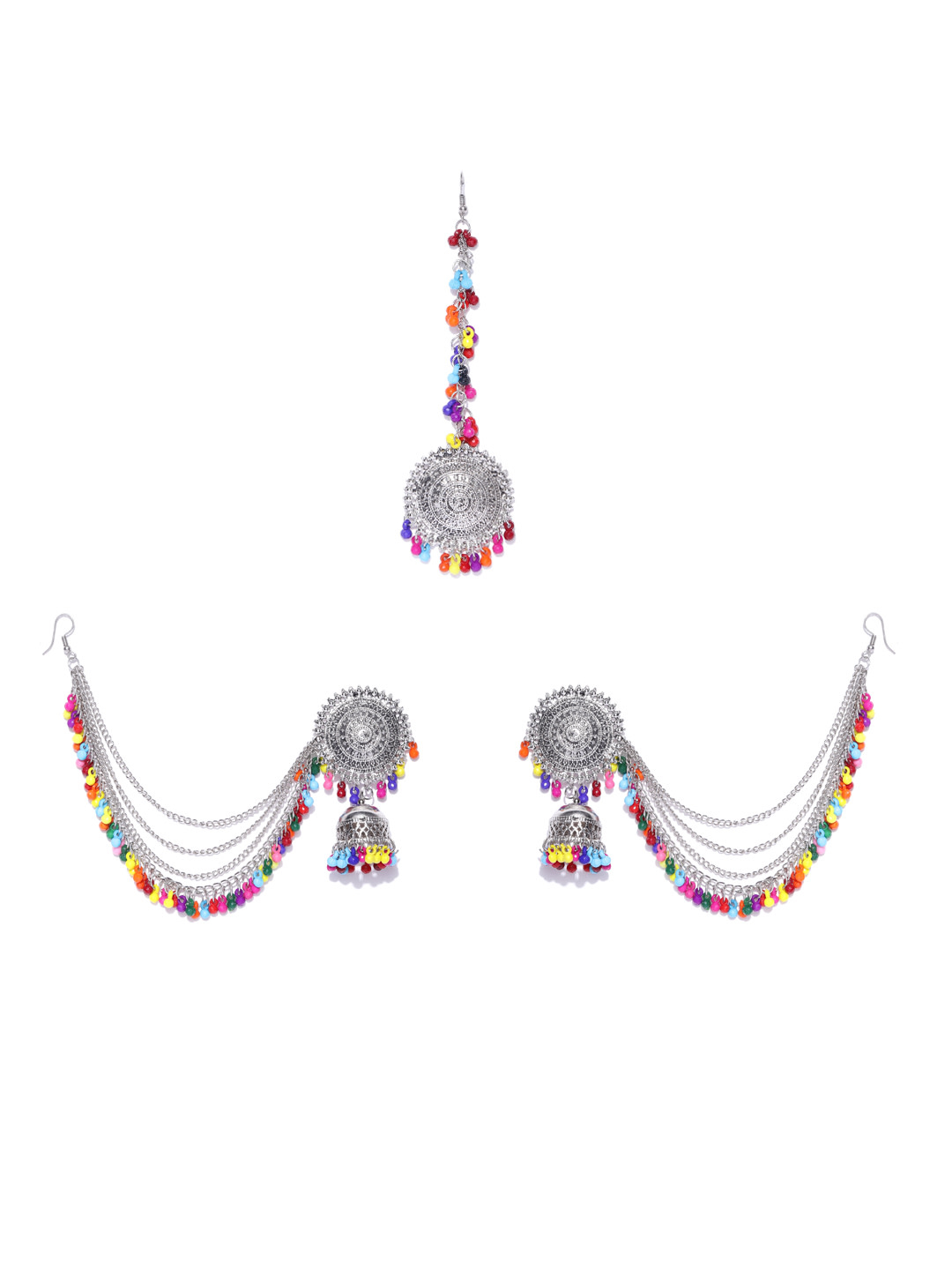 YouBella Multi-Coloured Oxidised Silver-Plated Beaded Jewellery Set