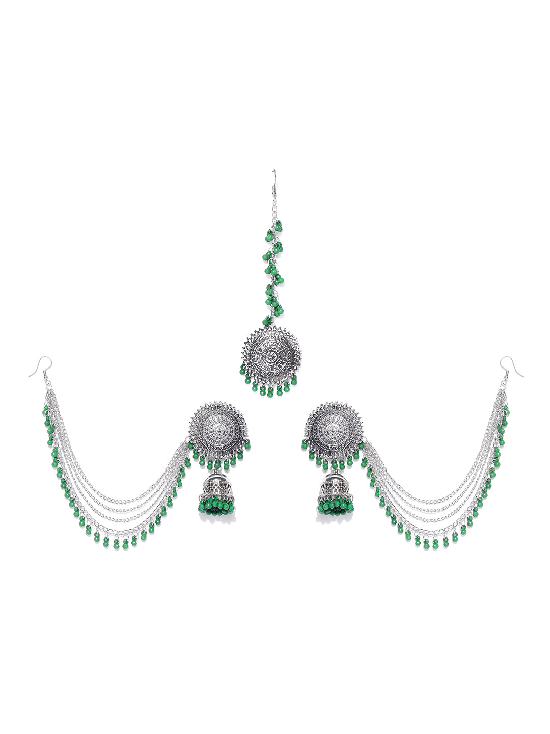 YouBella Green Oxidised Silver-Plated Beaded Jewellery Set