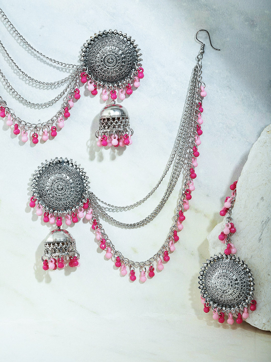 YouBella Pink Oxidised Silver-Plated Beaded Jewellery Set