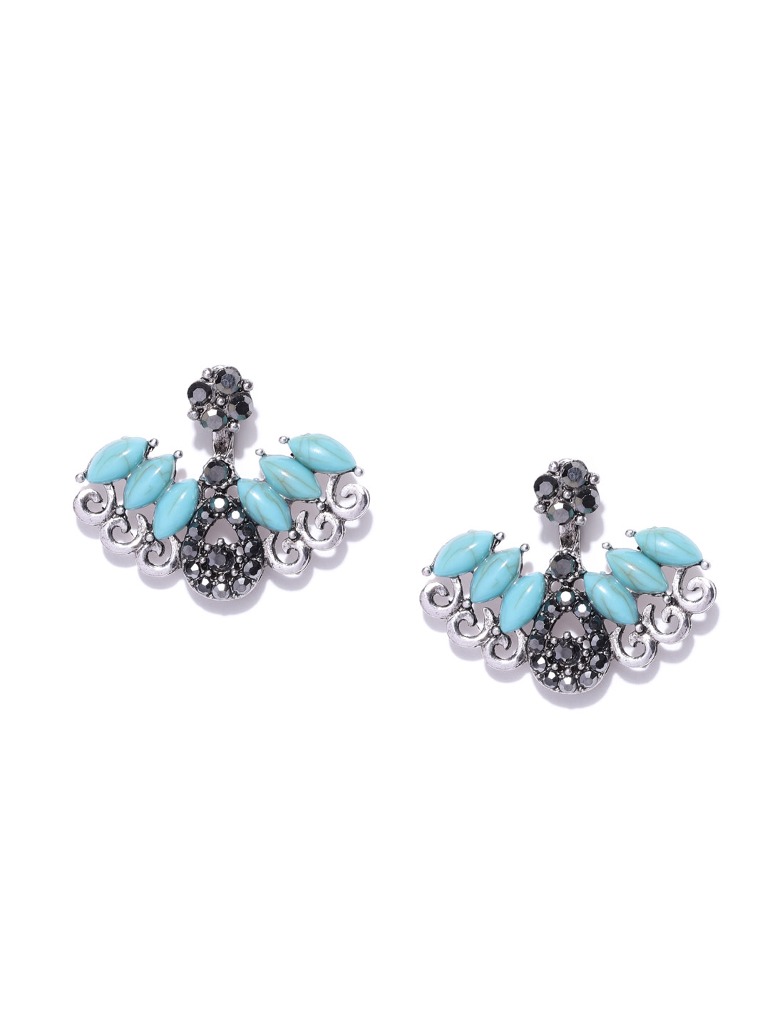 YouBella Blue Oxidised Silver-Plated Stone-Studded Jacket Earrings