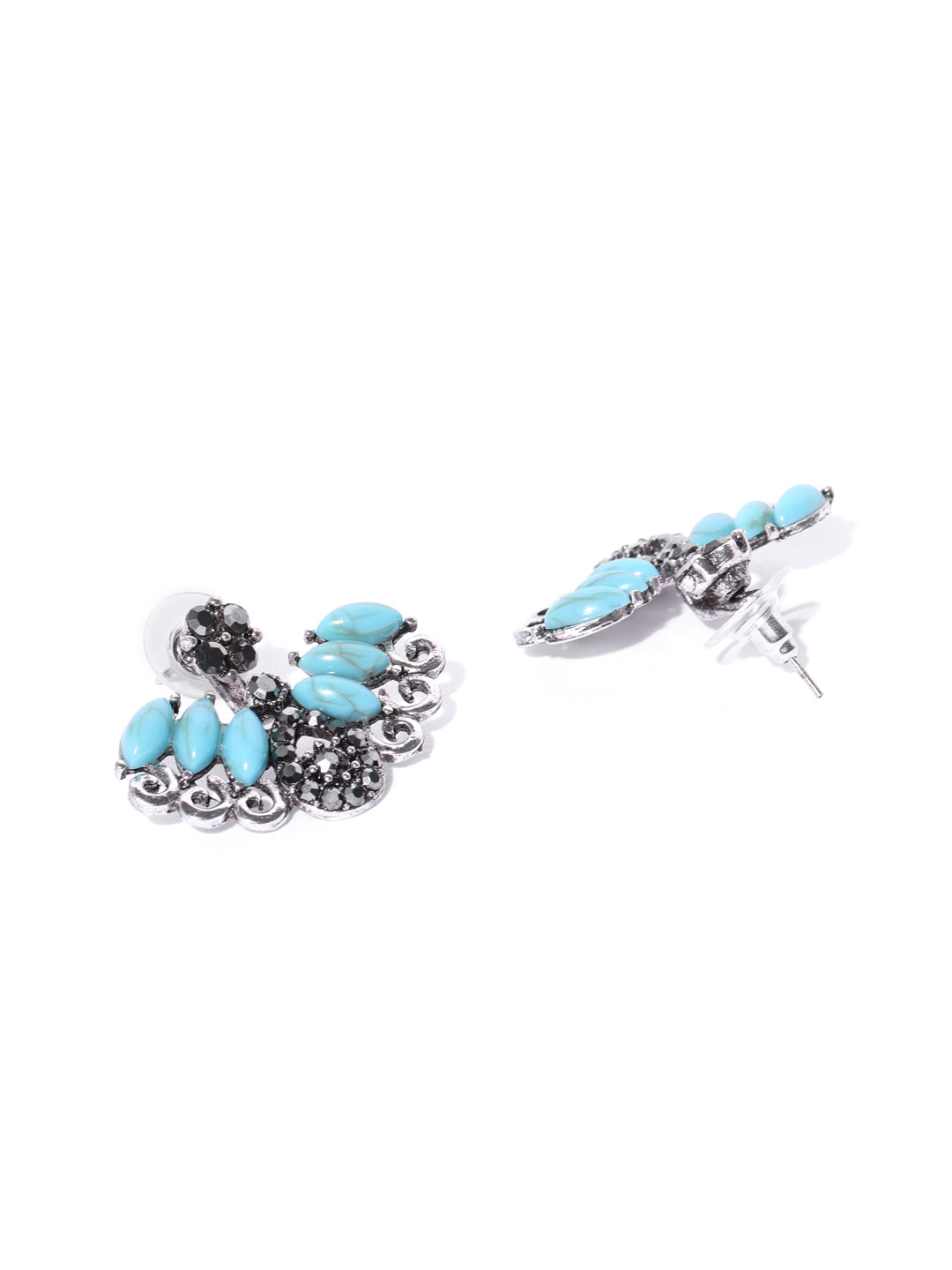 YouBella Blue Oxidised Silver-Plated Stone-Studded Jacket Earrings