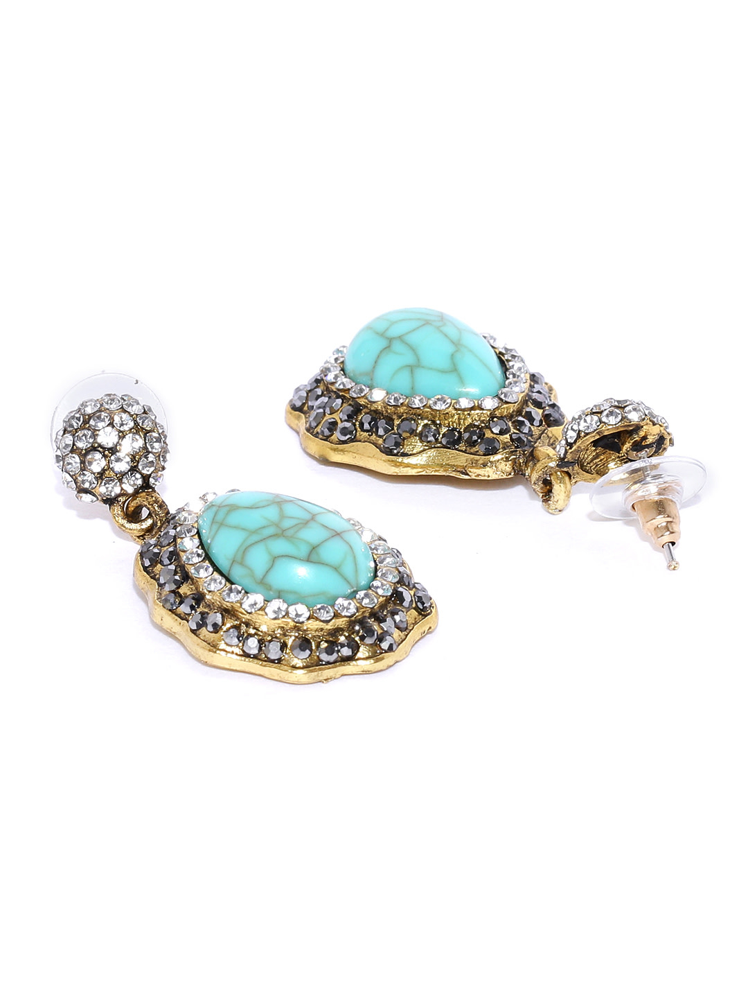 YouBella Blue  Gold Toned Silver Plated Teardrop Shaped Drop Earrings
