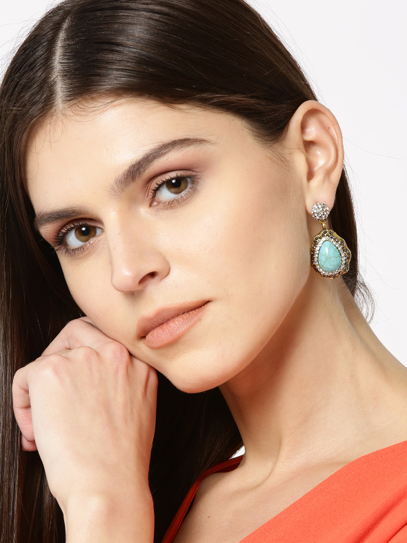 YouBella Blue  Gold Toned Silver Plated Teardrop Shaped Drop Earrings