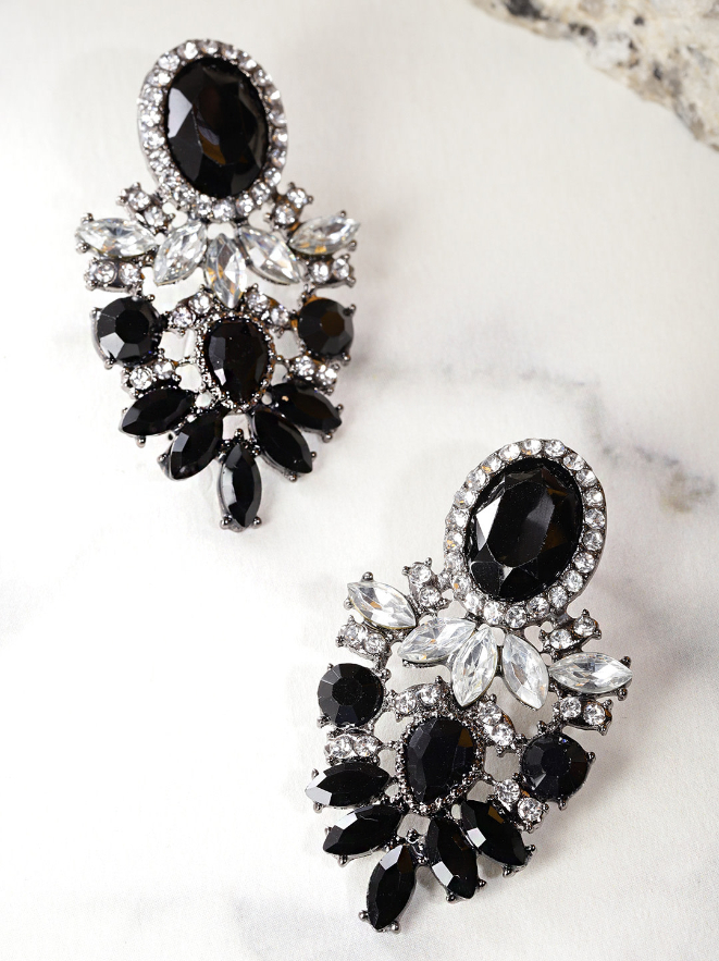 YouBella Black  Gunmetal-Toned Stone-Studded Contemporary Drop Earrings