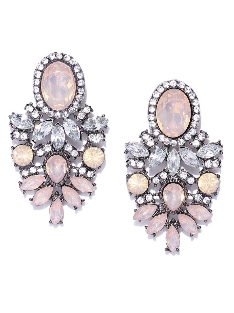 YouBella Gunmetal-Toned  Beige Stone Studded Contemporary Drop Earrings