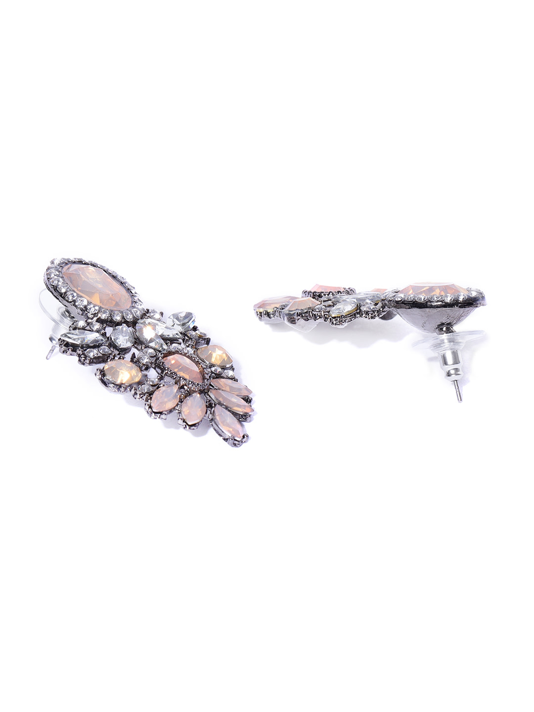 YouBella Gunmetal-Toned  Beige Stone Studded Contemporary Drop Earrings