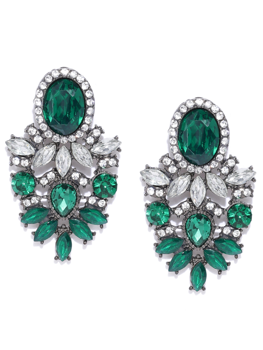YouBella Green  Gunmetal-Toned Stone Studded Contemporary Drop Earrings