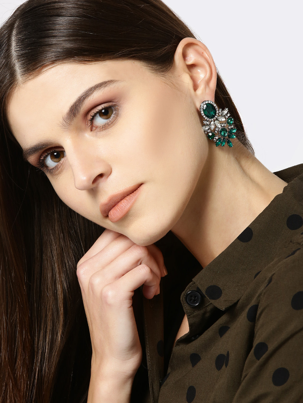 YouBella Green  Gunmetal-Toned Stone Studded Contemporary Drop Earrings