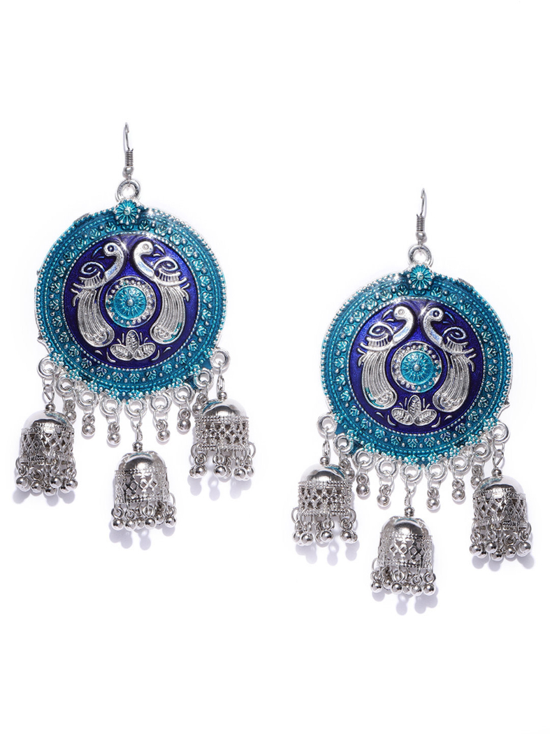 YouBella Blue Silver-Plated Dome Shaped Enamelled Jhumkas