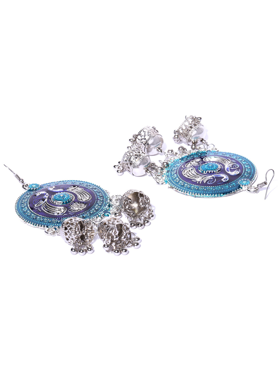 YouBella Blue Silver-Plated Dome Shaped Enamelled Jhumkas