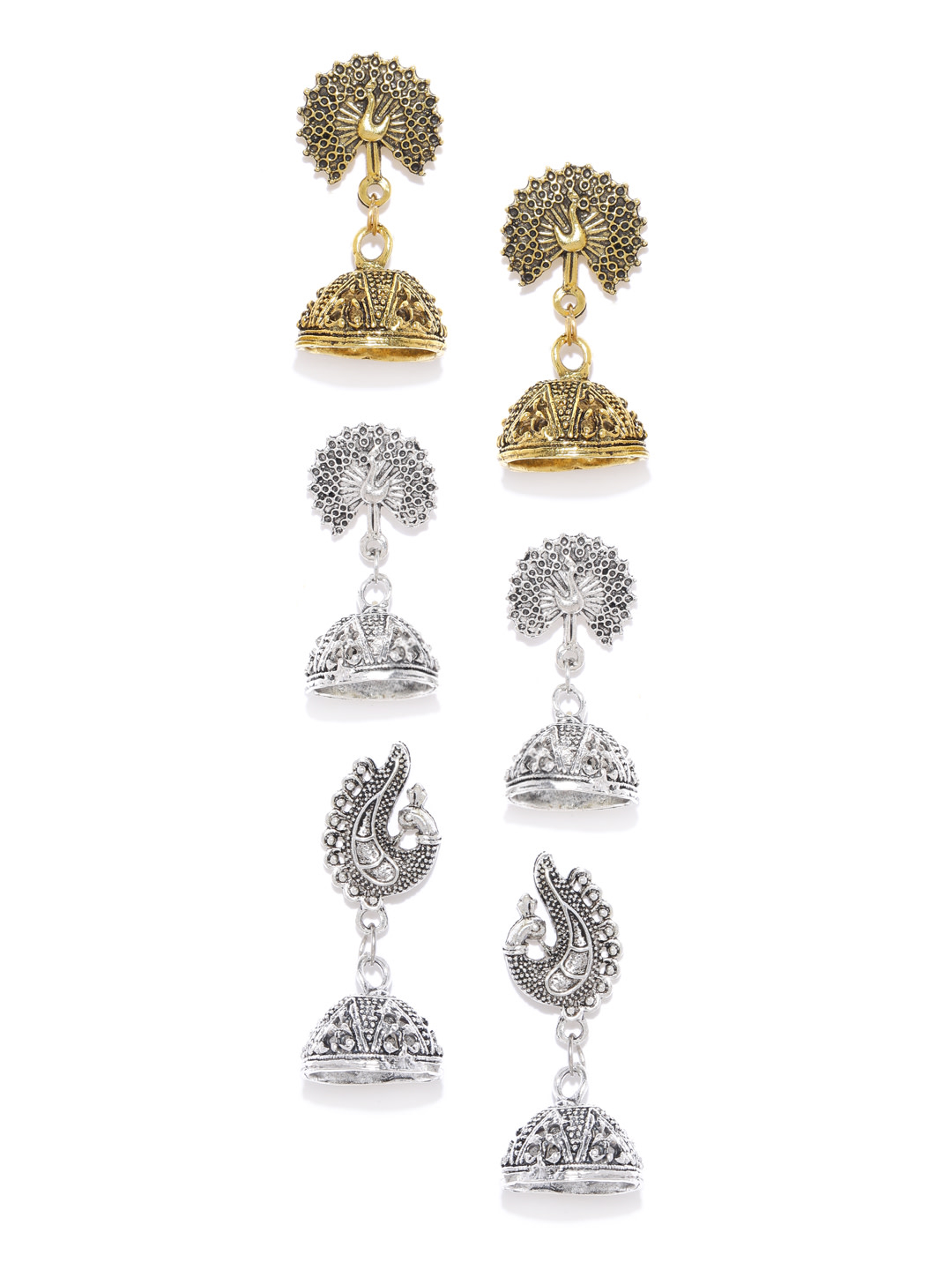YouBella Set of 3 Peacock Textured Dome Shaped Jhumkas