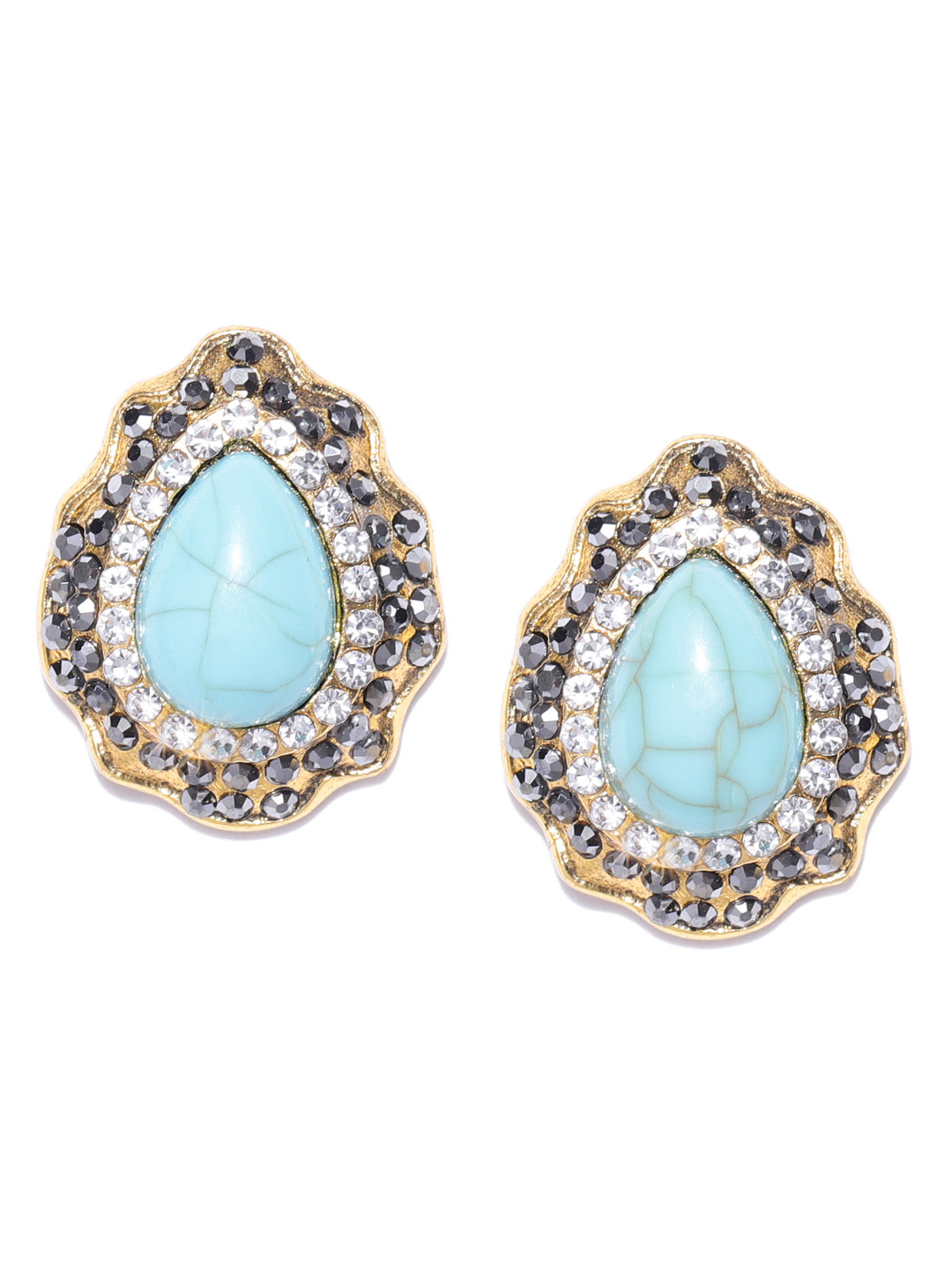YouBella Blue  Gold Toned Silver Plated Stone Studded Teardrop Shaped Studs