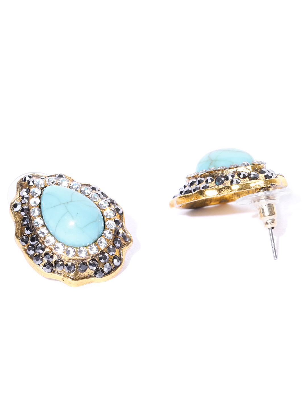 YouBella Blue  Gold Toned Silver Plated Stone Studded Teardrop Shaped Studs