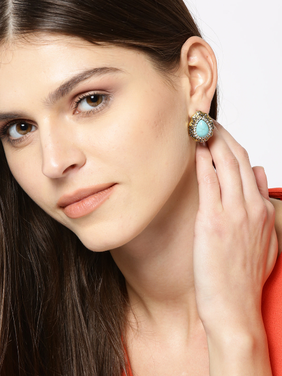 YouBella Blue  Gold Toned Silver Plated Stone Studded Teardrop Shaped Studs