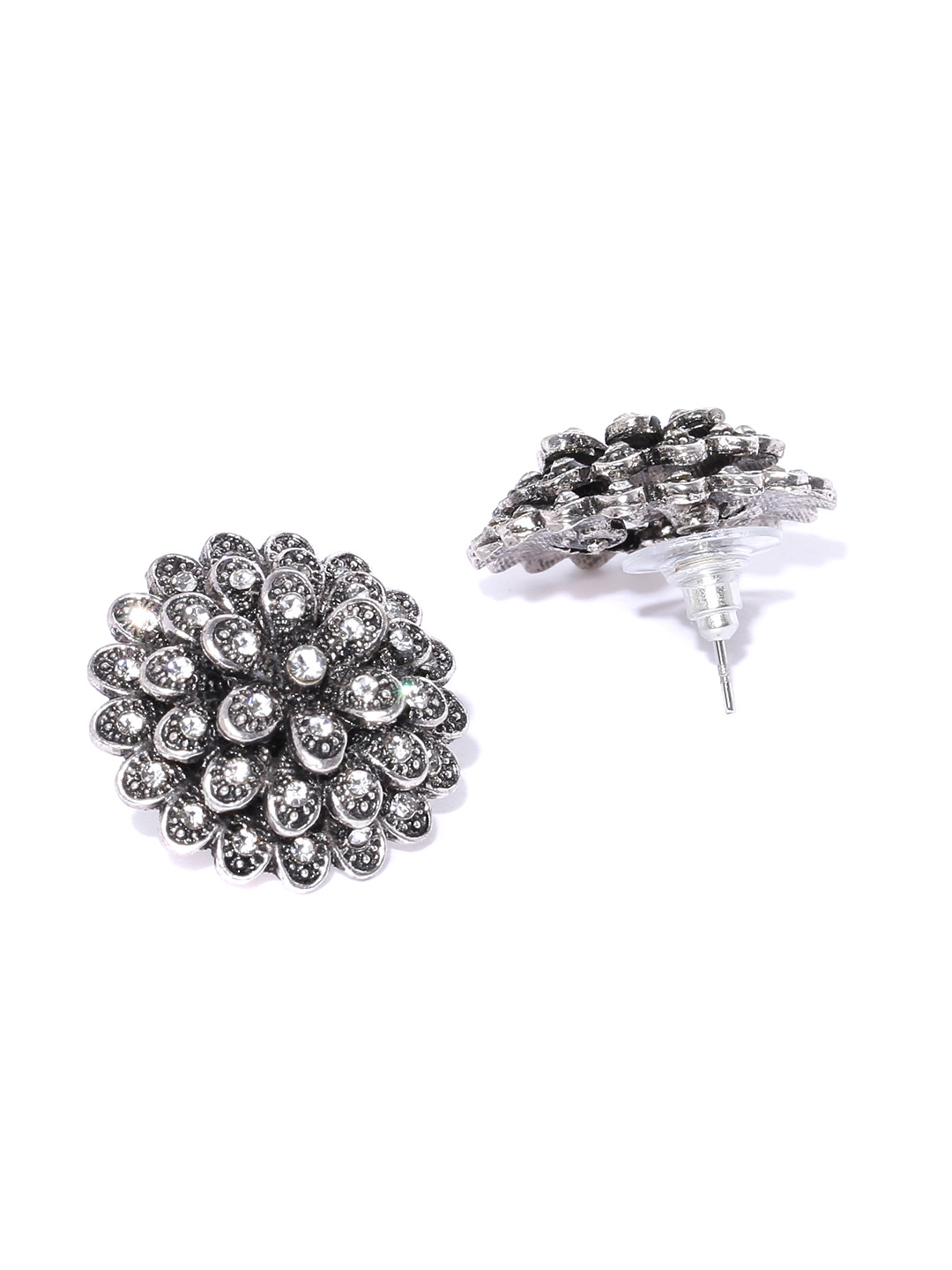 YouBella Oxidised Gunmetal-Toned Silver Plated Stone Studded Floral Studs