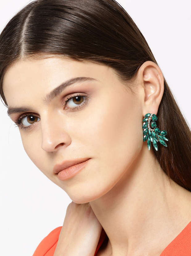 YouBella Green  Gold-Toned Stone-Studded Contemporary Drop Earrings