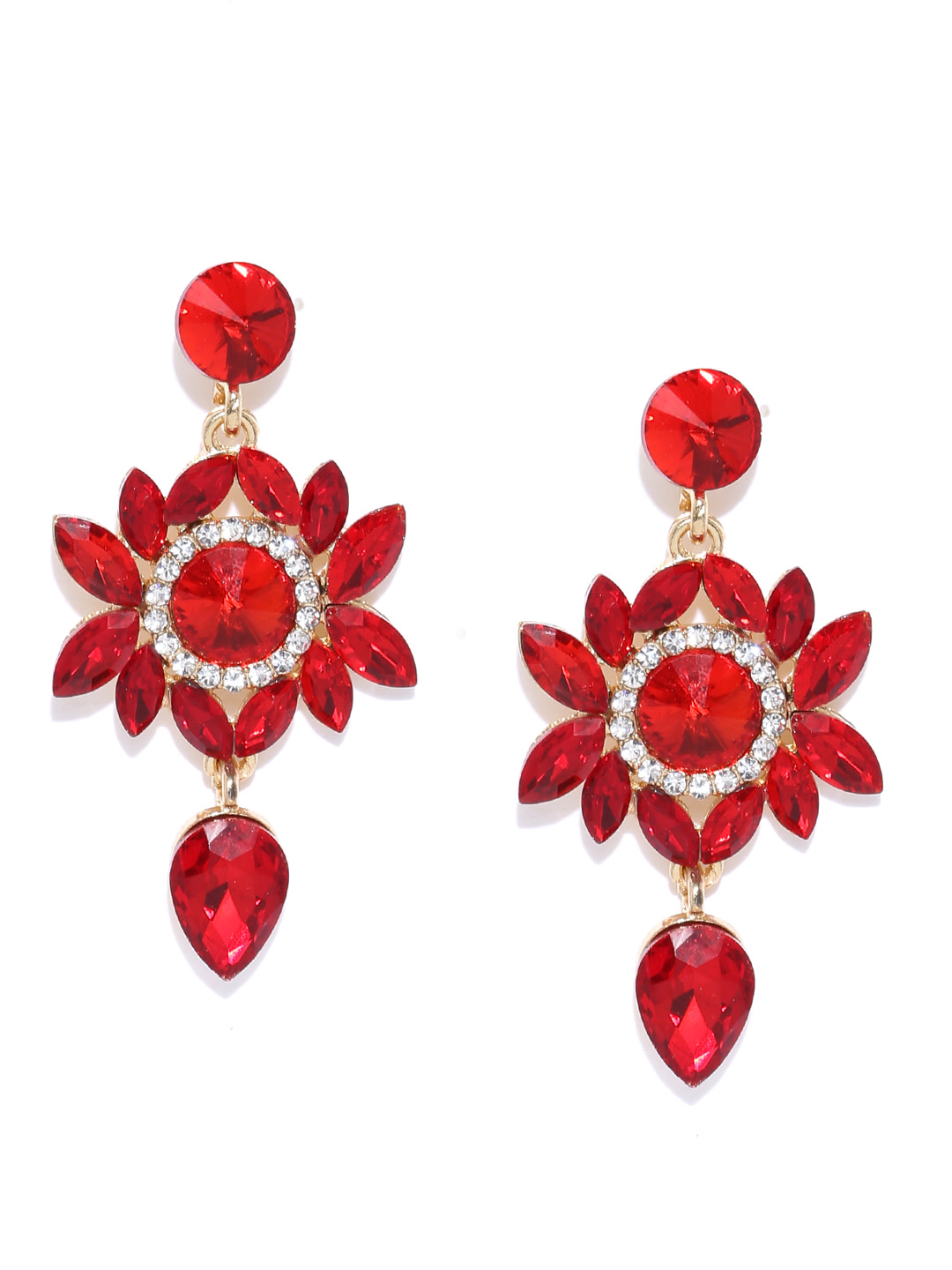 YouBella Red  Gold-Toned Contemporary Stone-Studded Drop Earrings