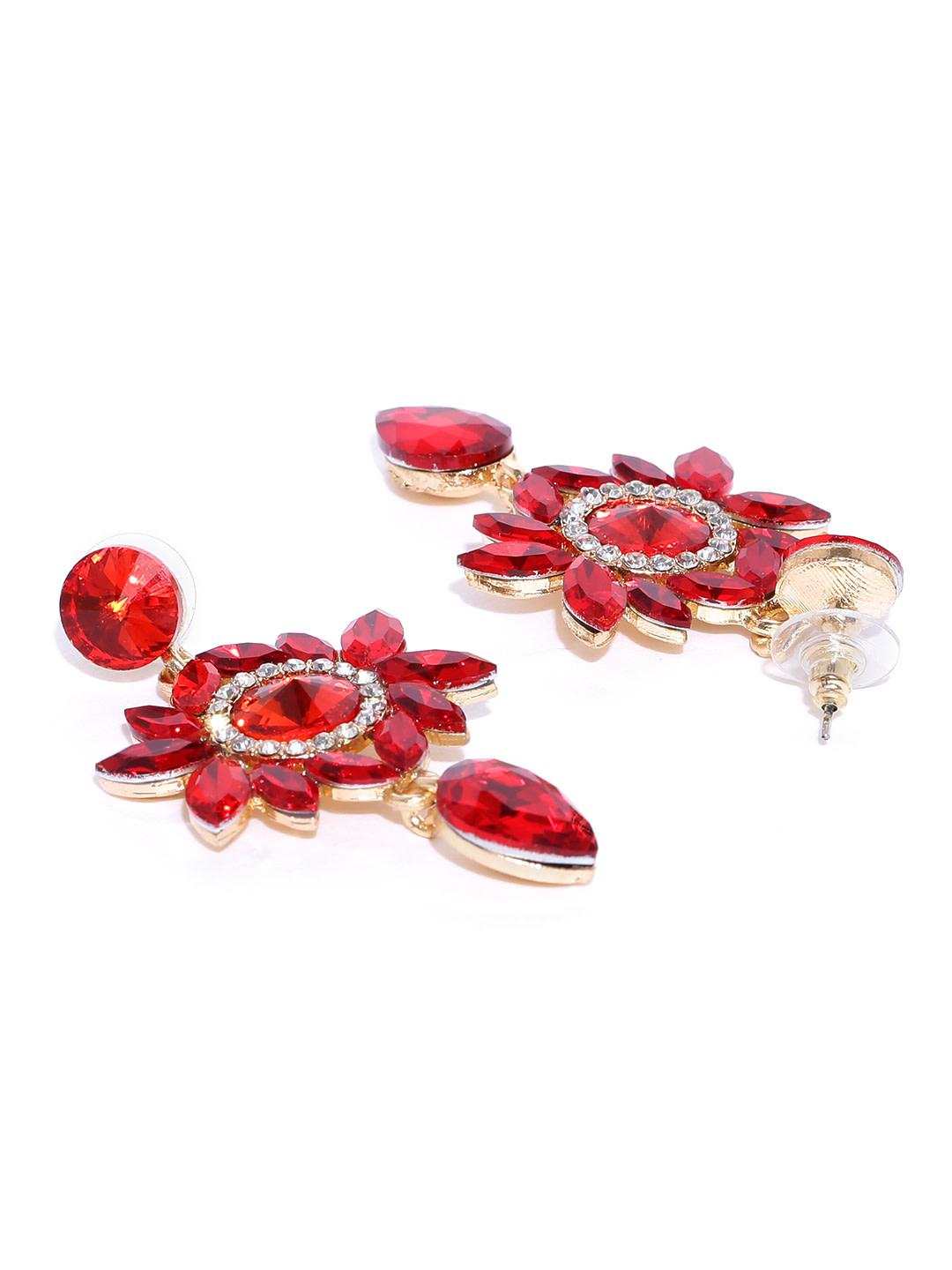 YouBella Red  Gold-Toned Contemporary Stone-Studded Drop Earrings