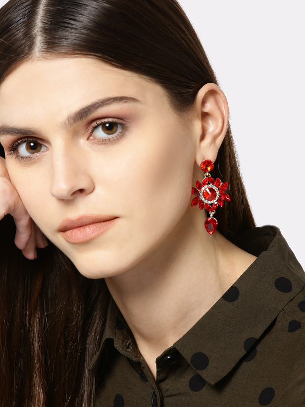 YouBella Red  Gold-Toned Contemporary Stone-Studded Drop Earrings