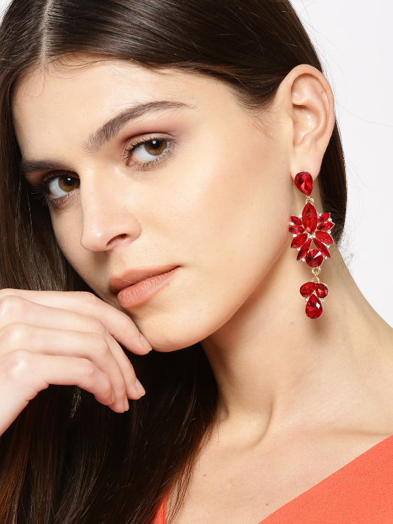 YouBella Red Stone Studded Contemporary Drop Earrings