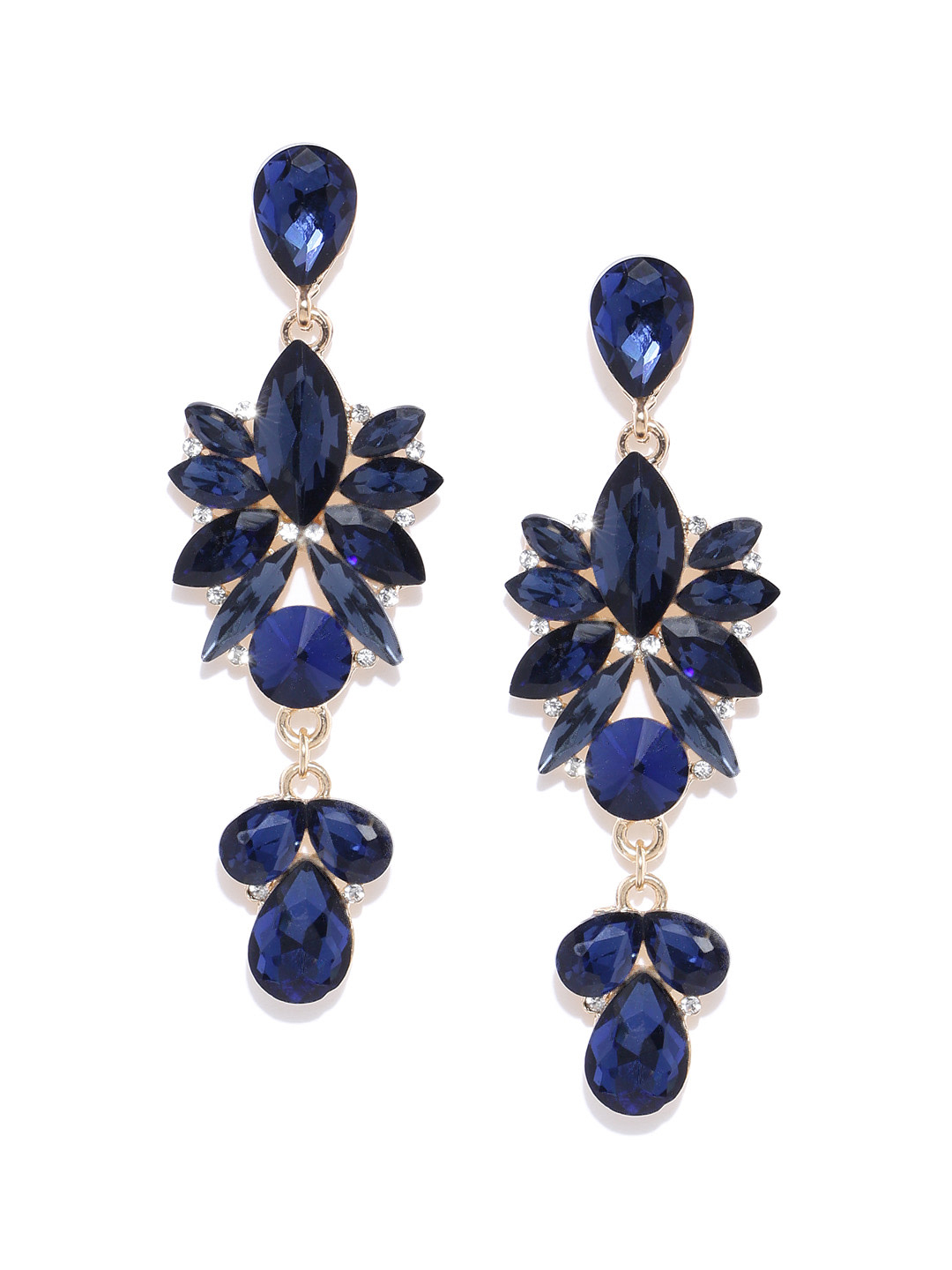 YouBella Navy Blue Teardrop-Shaped Stone-Studded Drop Earrings