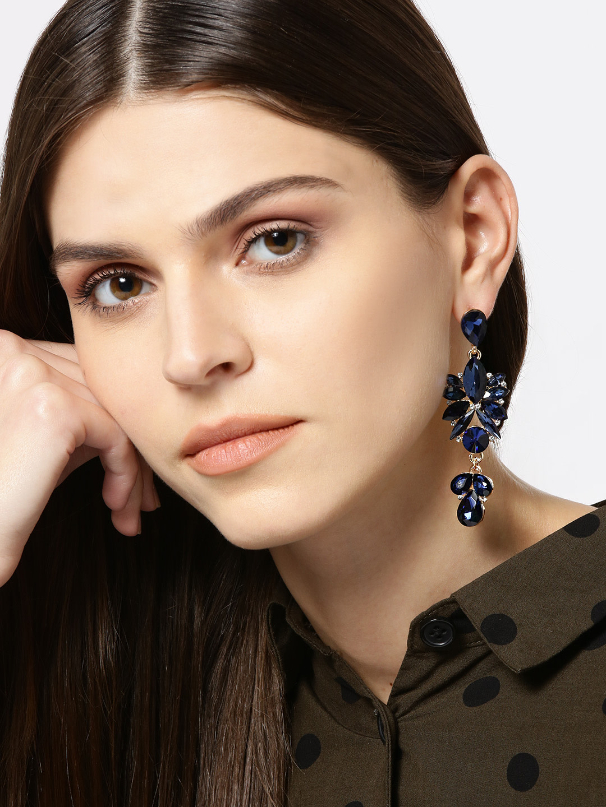 YouBella Navy Blue Teardrop-Shaped Stone-Studded Drop Earrings