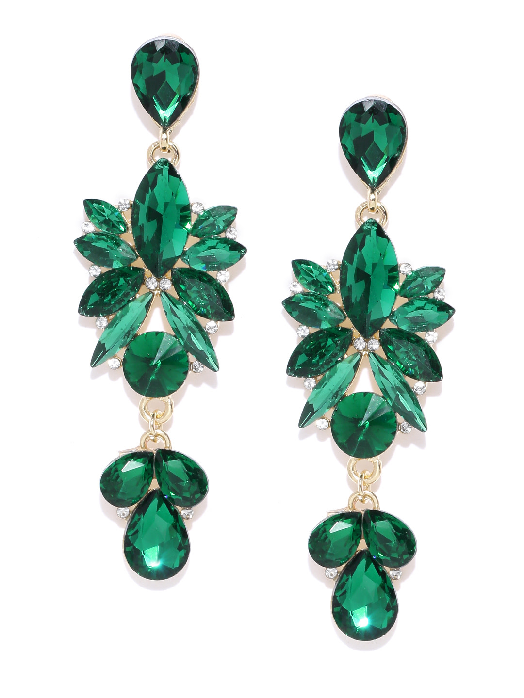 YouBella Green  Gold-Toned Contemporary Stone-Studded Drop Earrings