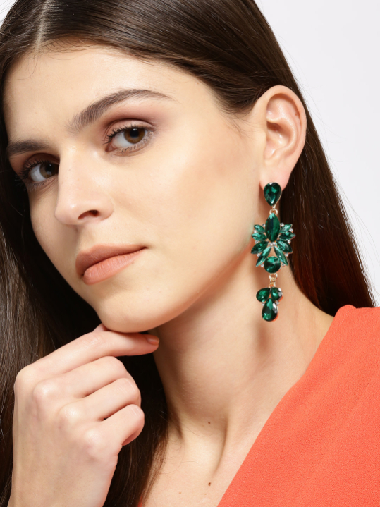 YouBella Green  Gold-Toned Contemporary Stone-Studded Drop Earrings