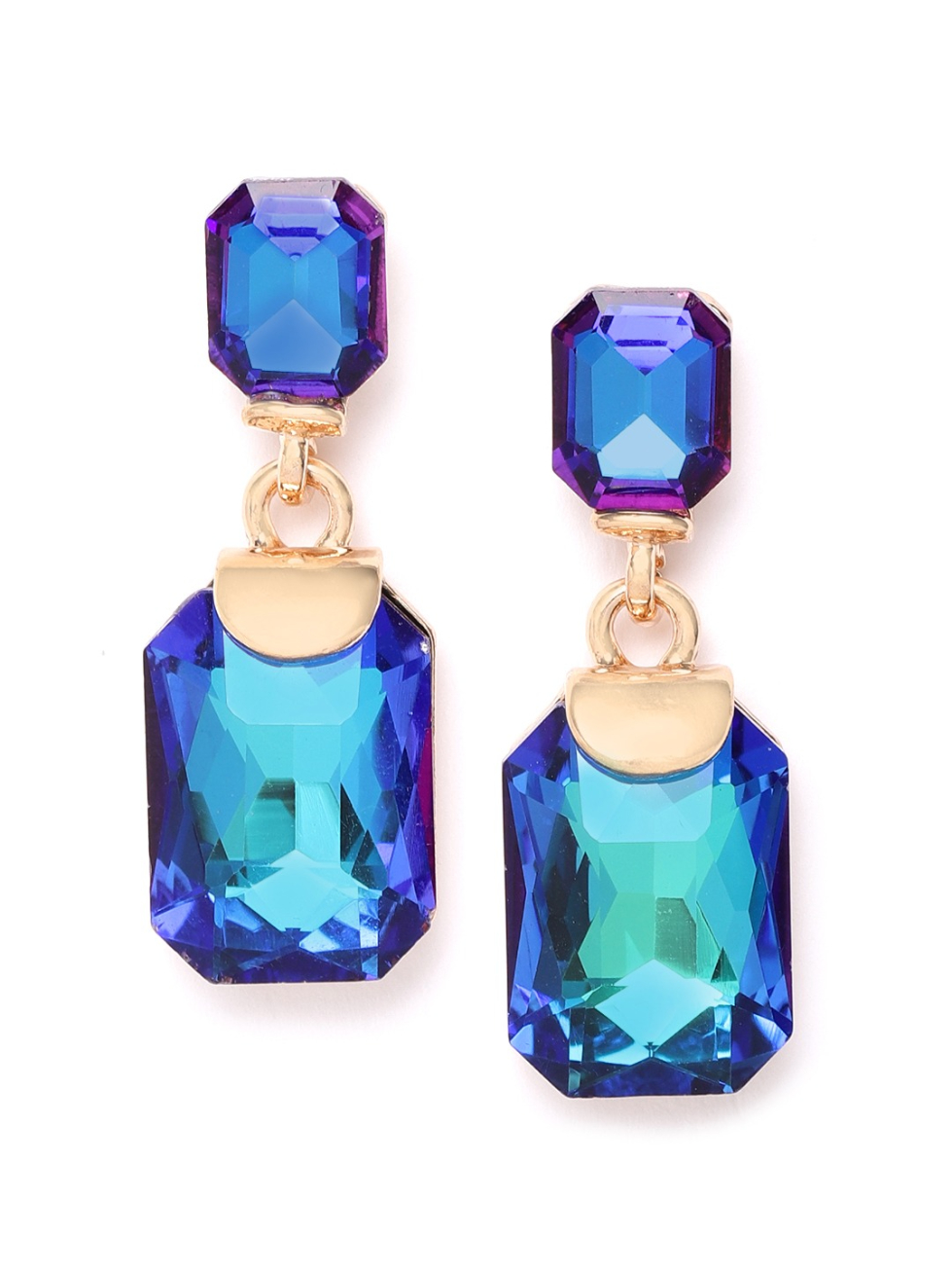 YouBella Navy Blue  Green Gold-Plated Stone-Studded Geometric Shaped Drop Earrings