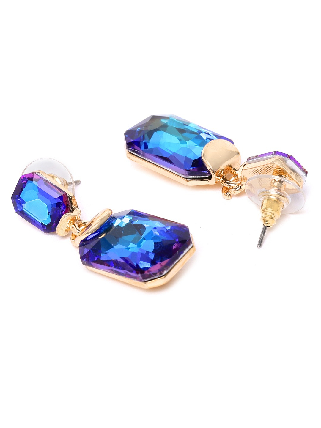 YouBella Navy Blue  Green Gold-Plated Stone-Studded Geometric Shaped Drop Earrings
