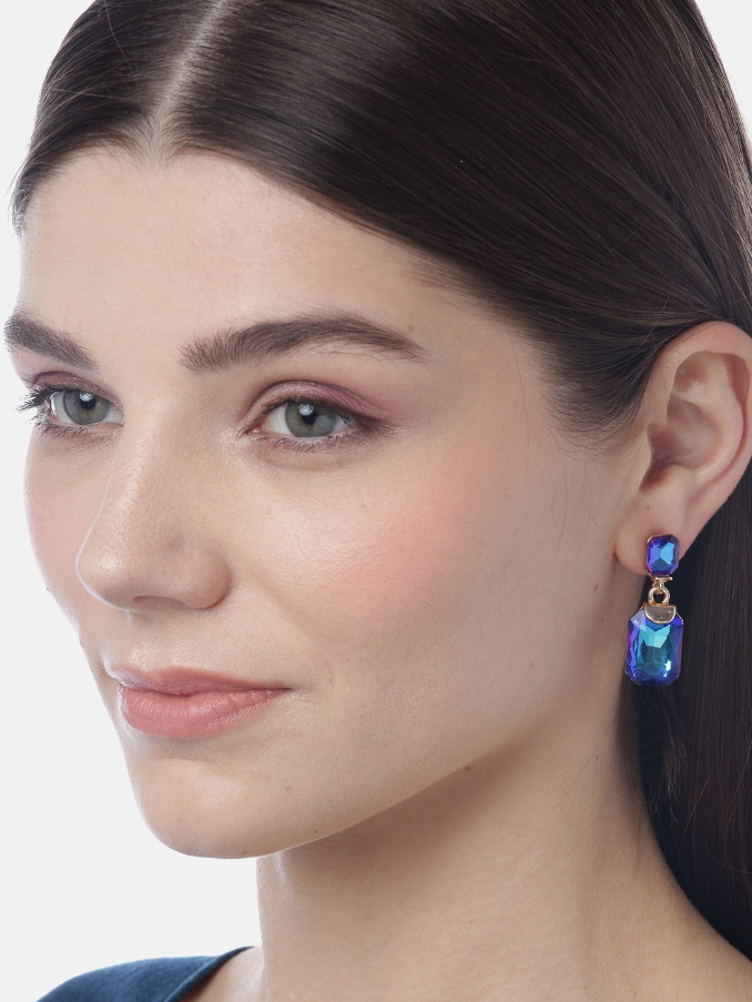 YouBella Navy Blue  Green Gold-Plated Stone-Studded Geometric Shaped Drop Earrings