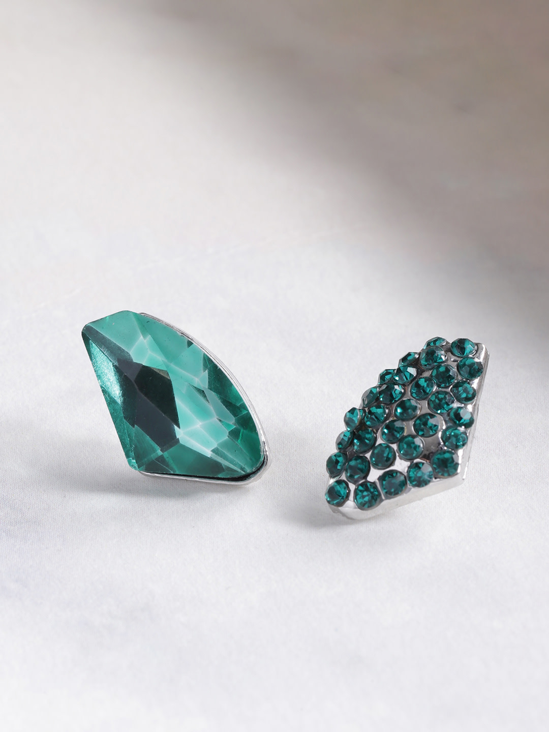 YouBella Green Silver-Toned Mismatch Stone Studs