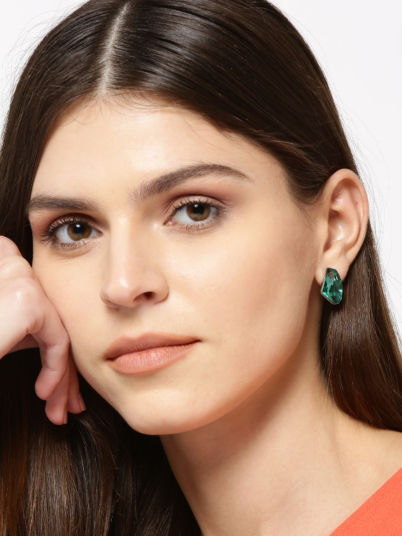 YouBella Green Silver-Toned Mismatch Stone Studs