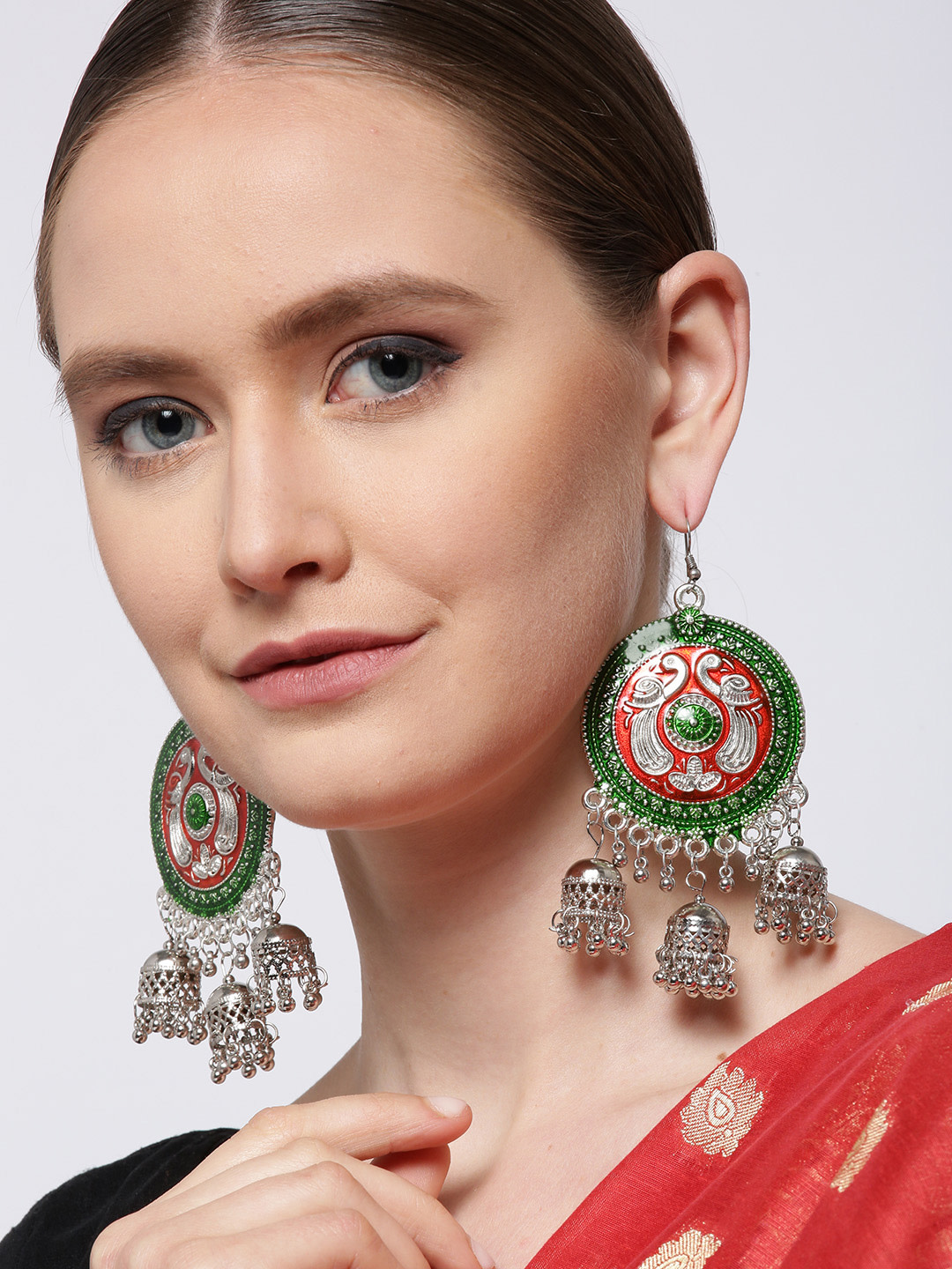 YouBella Oxidised Red  Green Silver Plated Beaded Enamelled Circular Jhumkas