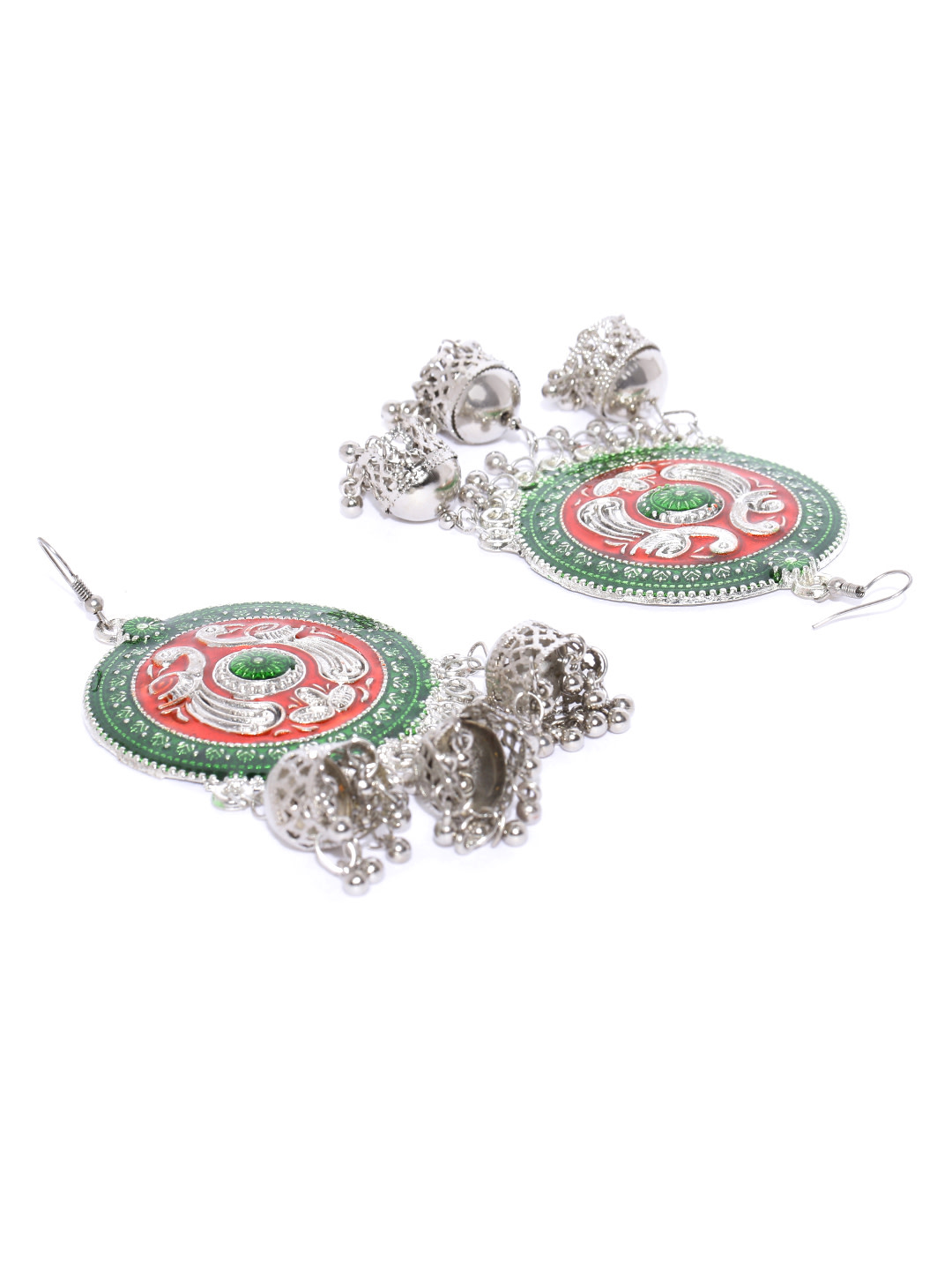 YouBella Oxidised Red  Green Silver Plated Beaded Enamelled Circular Jhumkas