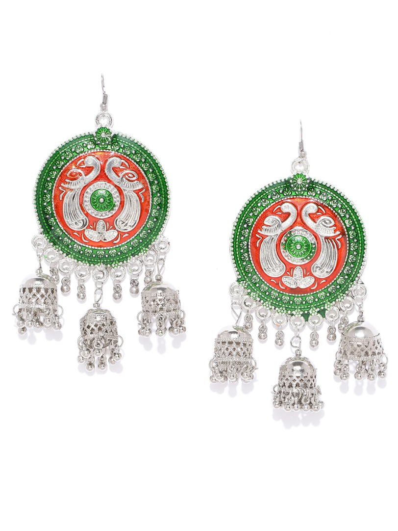 YouBella Oxidised Red  Green Silver Plated Beaded Enamelled Circular Jhumkas
