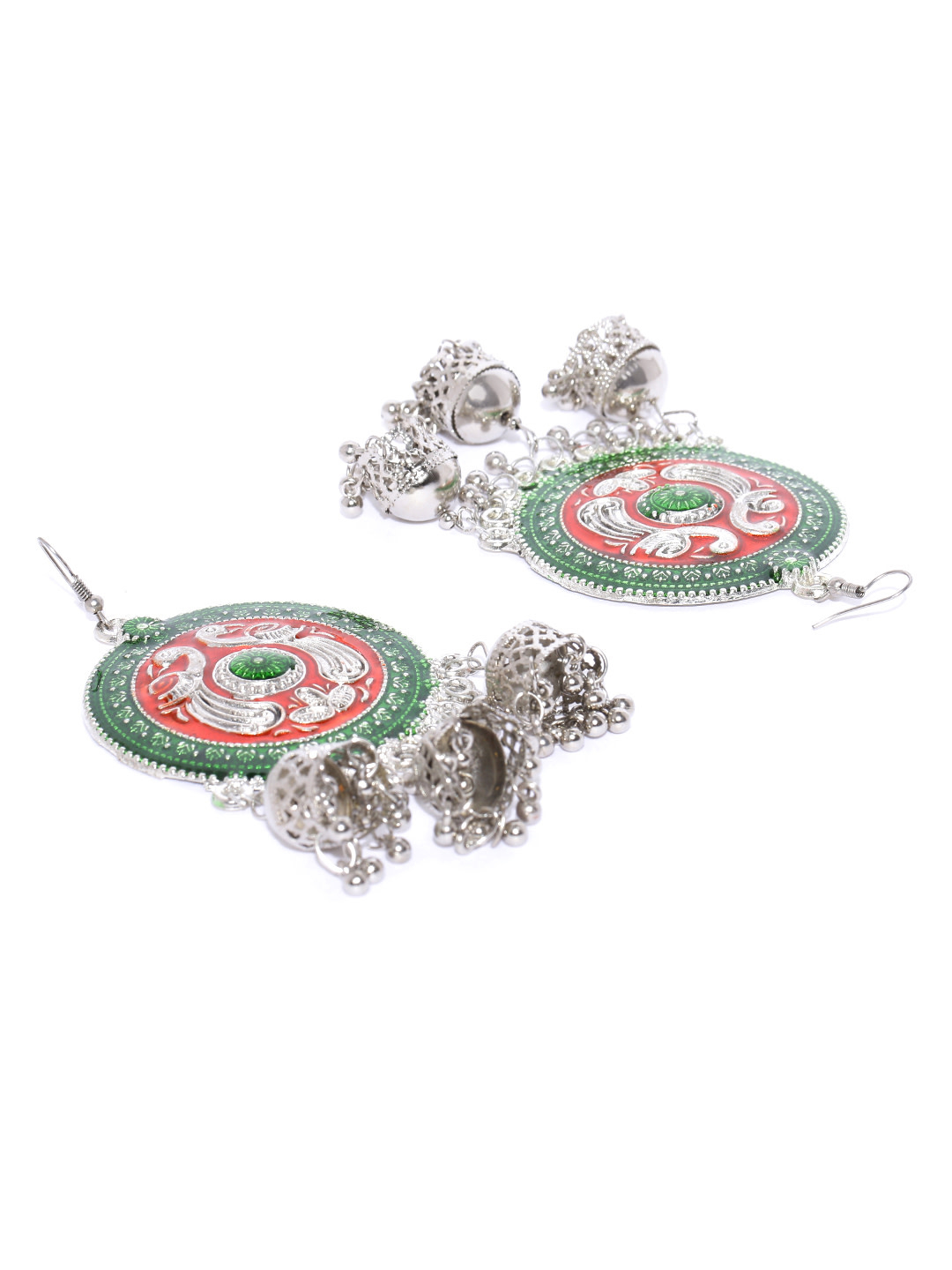 YouBella Oxidised Red  Green Silver Plated Beaded Enamelled Circular Jhumkas